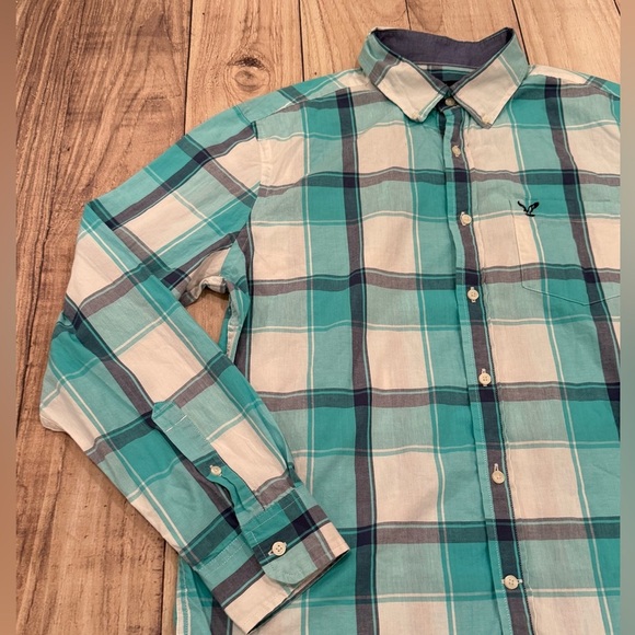 American Eagle Outfitters Teal and White Plaid Classic fit Shirt/size L - Picture 5 of 10